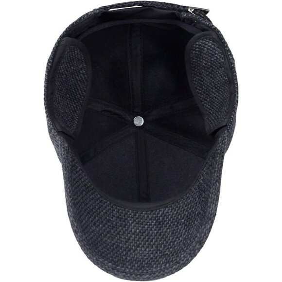 🆕 Men Black Baseball Cap Winter Warm Wool Tweed Peaked Fold Earmuff Jacket Hat - Picture 6 of 7
